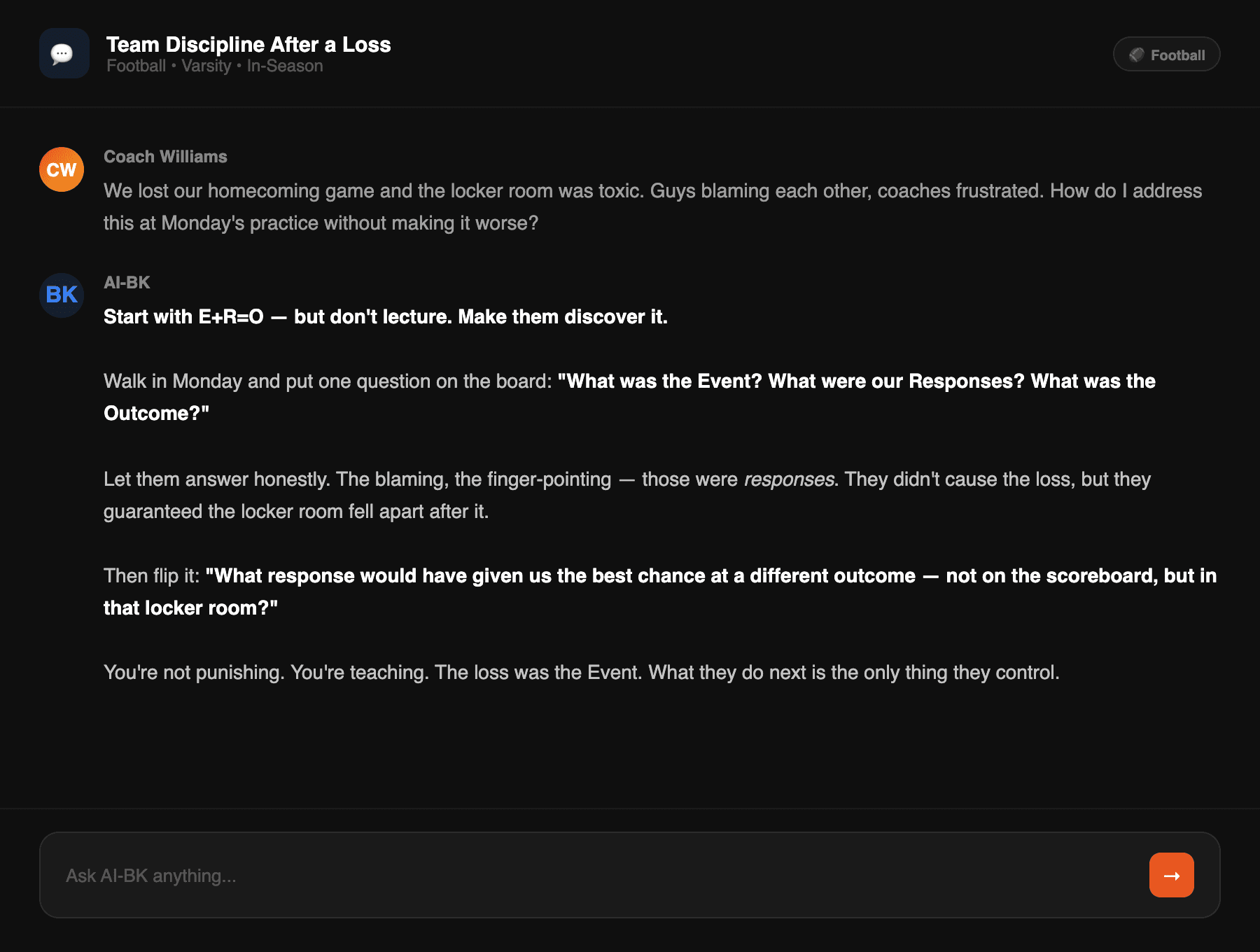 Chat conversation — football coach discussing team discipline