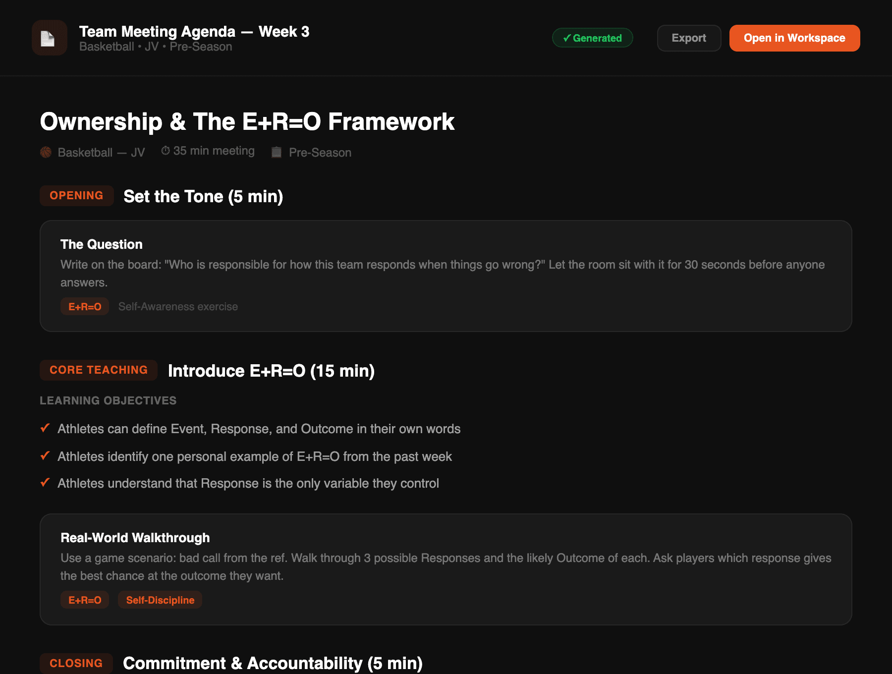Generated basketball team meeting agenda with E+R=O framework