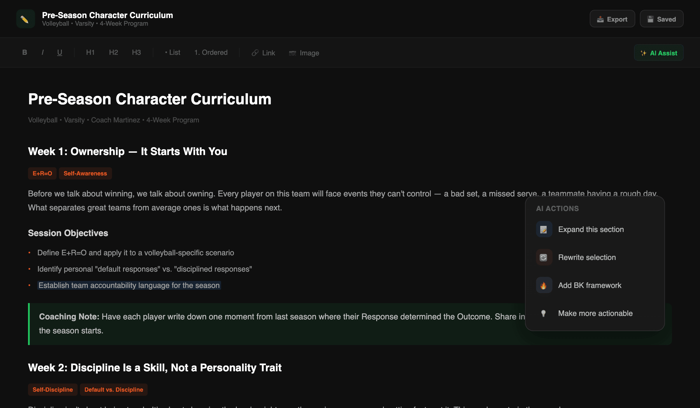 Writing Workspace — volleyball curriculum with AI assist menu