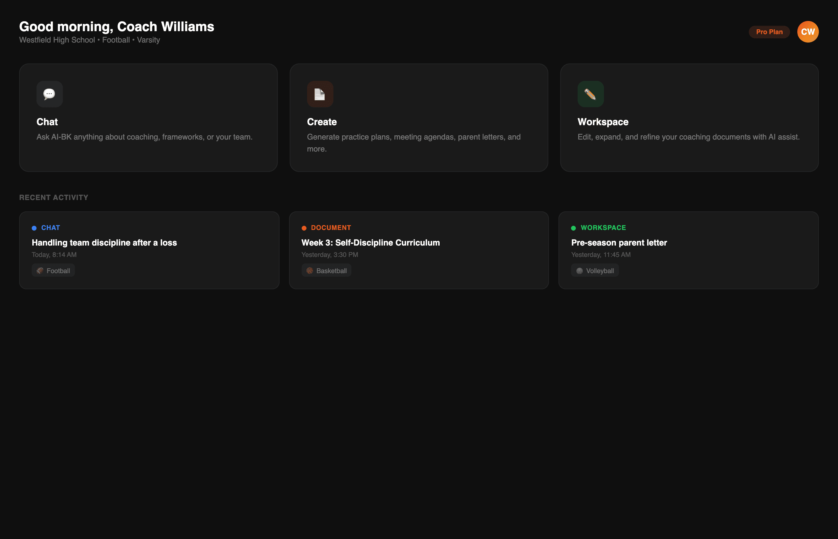 Brian Kight's Coaching Tool dashboard showing Chat, Create, and Workspace